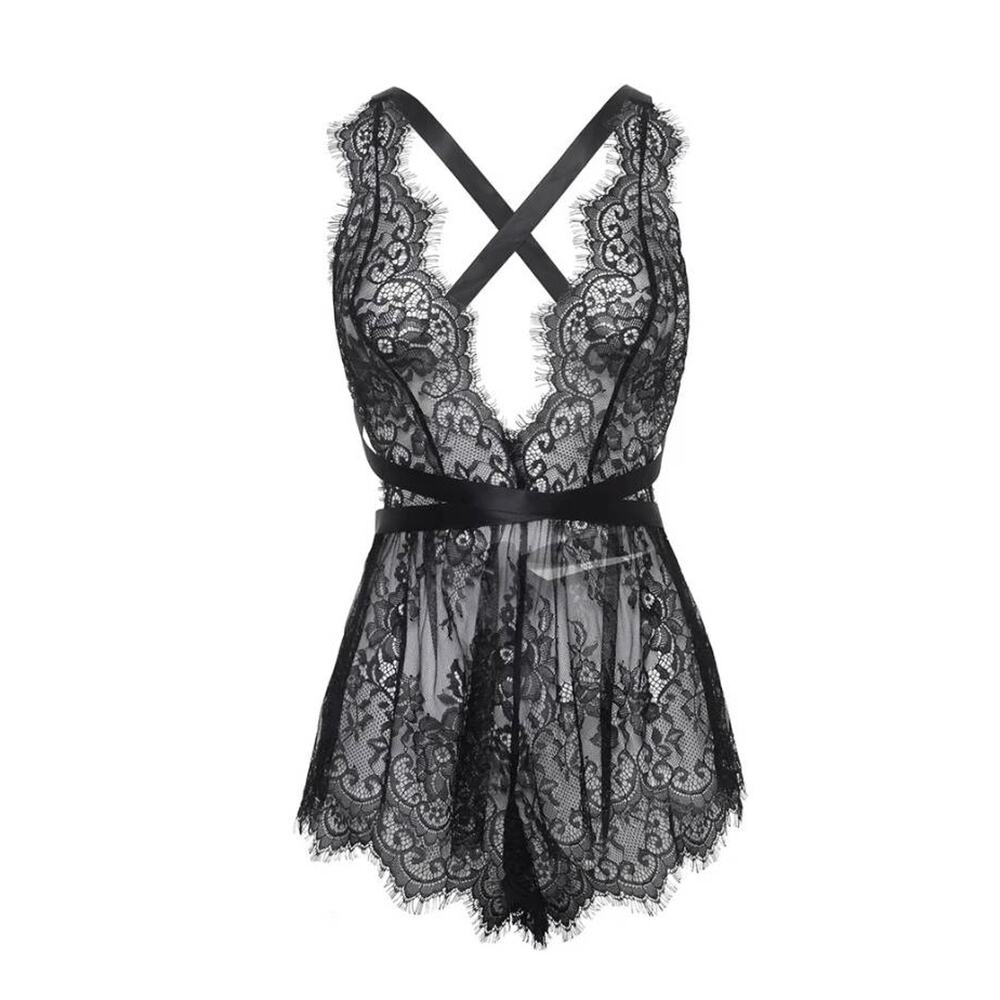 Oh La La Cheri Naomi Plunge Neck Lace Bodysuit Size Medium in Black‎